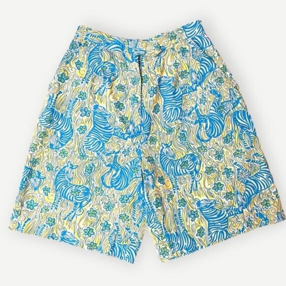 Vintage 90s Lilly Pulitzer Bermuda Shorts 2 Zebra Floral Blue Yellow Cotton EUC - Picture 1 of 6